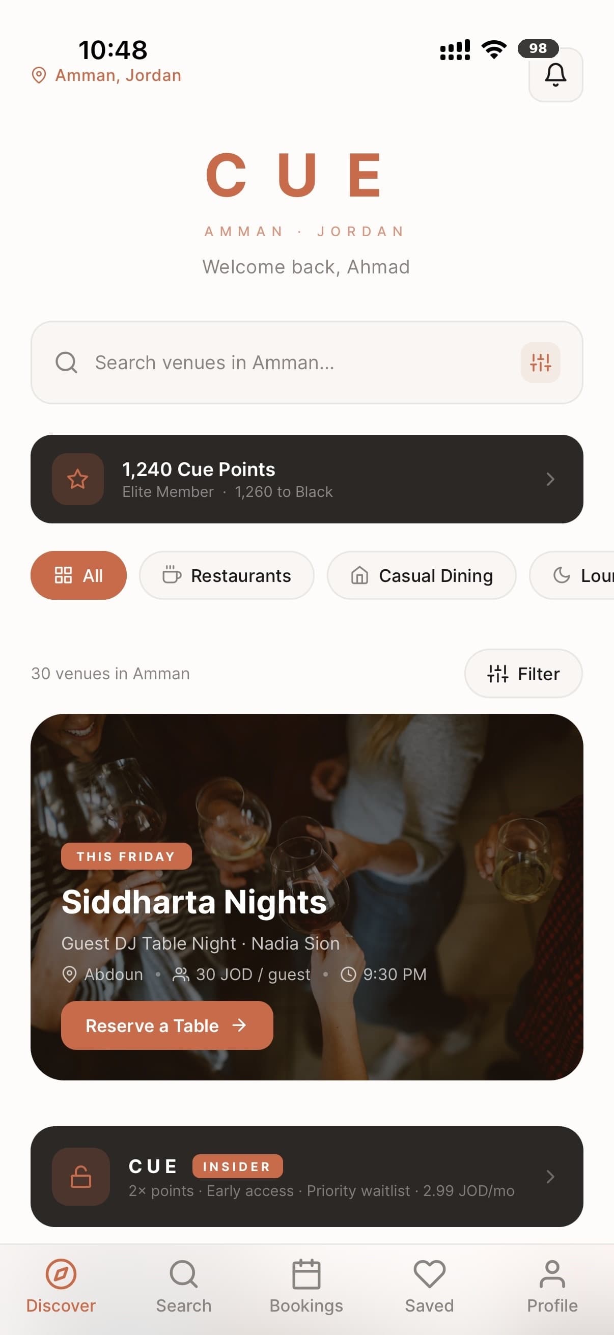 التصفّح والبحث — Cue restaurant reservation app, Amman