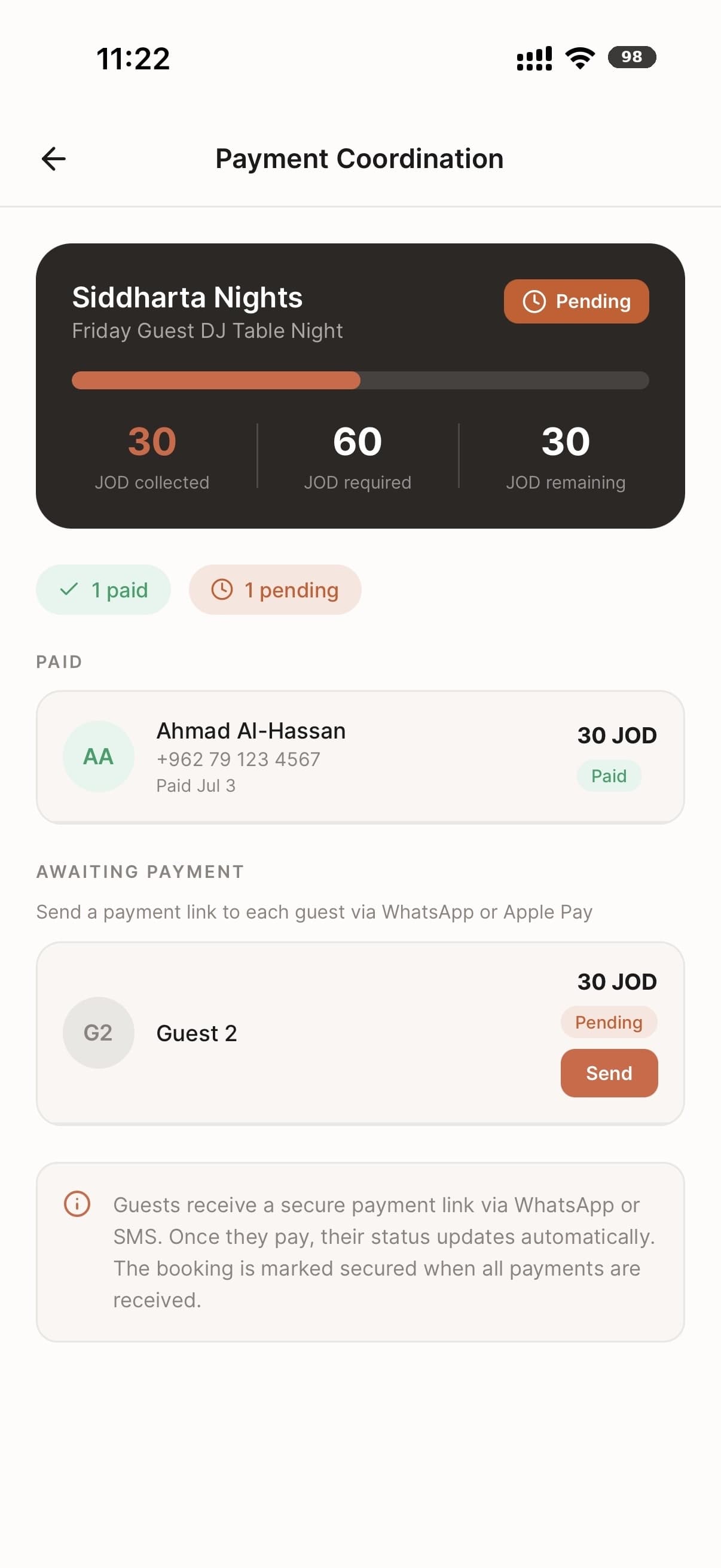 تقسيم دفعة حجز مطعم جماعي في تطبيق Cue، عمّان